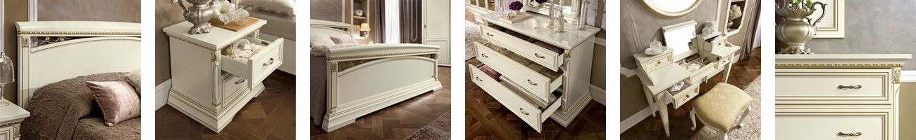 Klassieke witte slaapkamer meubelen in wit bedden, nachtkastjes, commodes